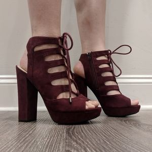 Burgundy Block Heel Lace Up Pumps